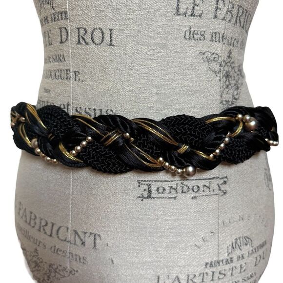 Vintage 80s Motion East Ornate Braided Macrame Belt Black Gold Sz M/L - Picture 2 of 16